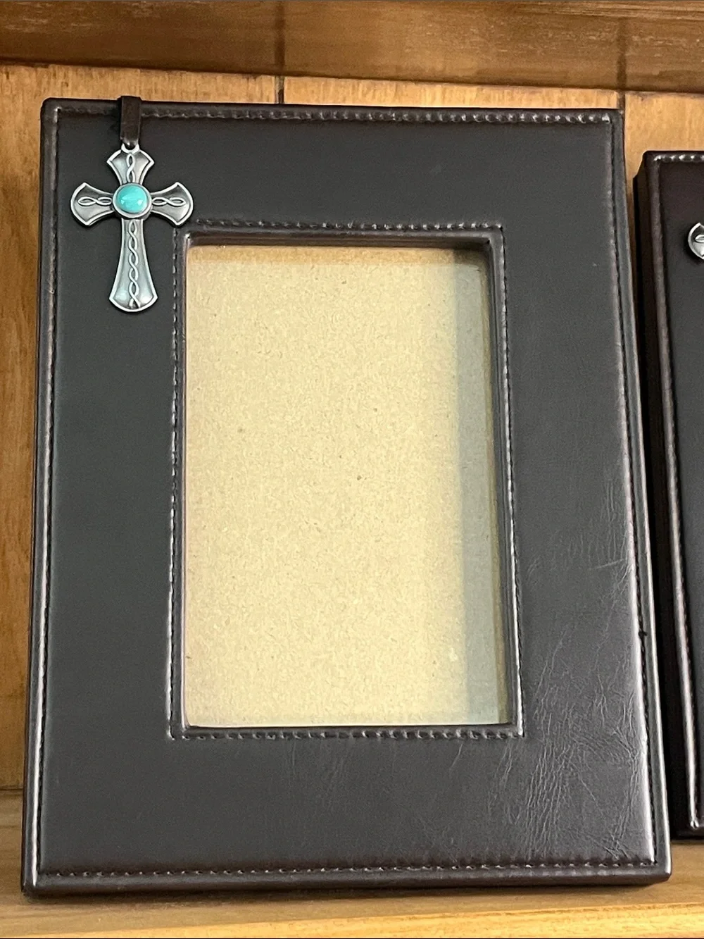 Pair of Connoisseur, Western Faux Leather Picture Frames w/Turquoise Cross (4x6)